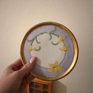 Hand-Painted Floral Plate with Gold Rim – Vintage Decorative Dish